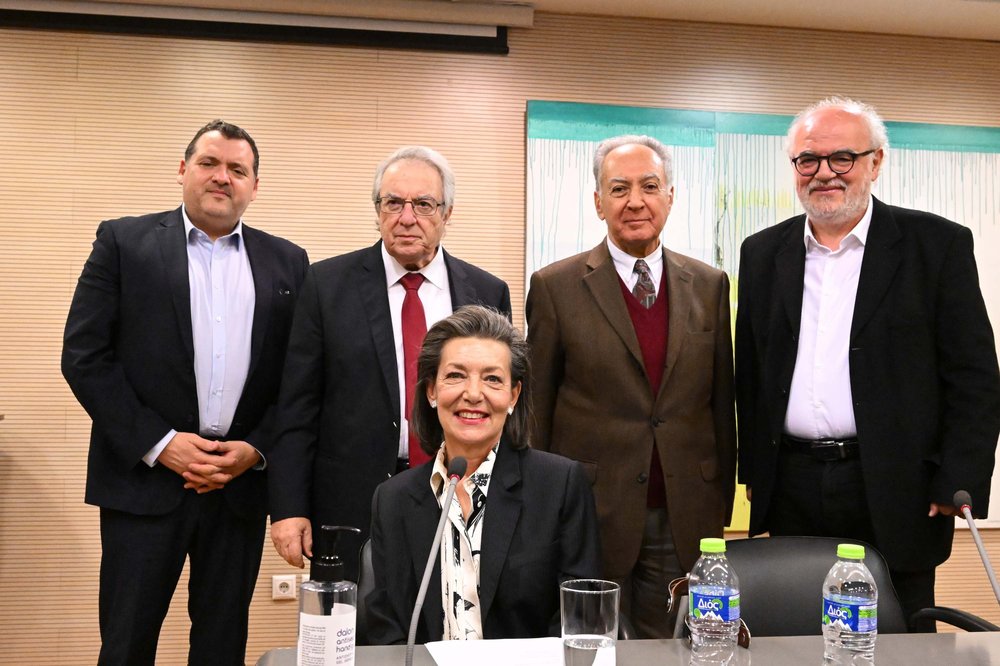 The Ambassador of the Republic of Cyprus in Greece, Kyriakos Kenevezos, Georgios Babiniotis, Paschalis M. Kitromilides, Petros Papapolyviou and Artemis Scutari