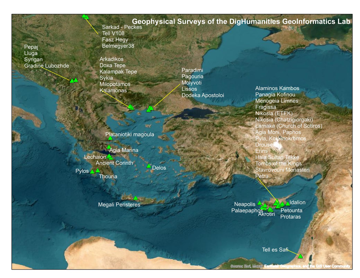 Map of the geophysical campaigns the have been carried out from the DigHumanities GeoInfo Lab (Lab of Digital Humanities GeoInformatics) until 2025. Almost 70 research programs have been implemented at various archaeological sites in Cyprus, Greece, Hungary, Israel and the geographic region of Kosovo.