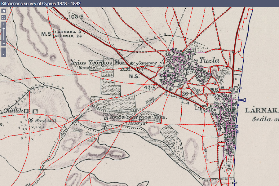 Screenshot from the application. The Kitchener’s historic map of Cyprus (published in 1885) is used as the basemap and the layer 'Road Network' is visible.